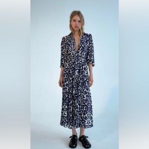 ZARA BNWT WOMAN BELTED BLUE PRINTED MIDI DRESS 5216/045 Size Large